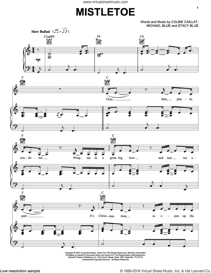 Mistletoe sheet music for voice, piano or guitar by Colbie Caillat, Michael Blue and Stacy Blue, intermediate skill level
