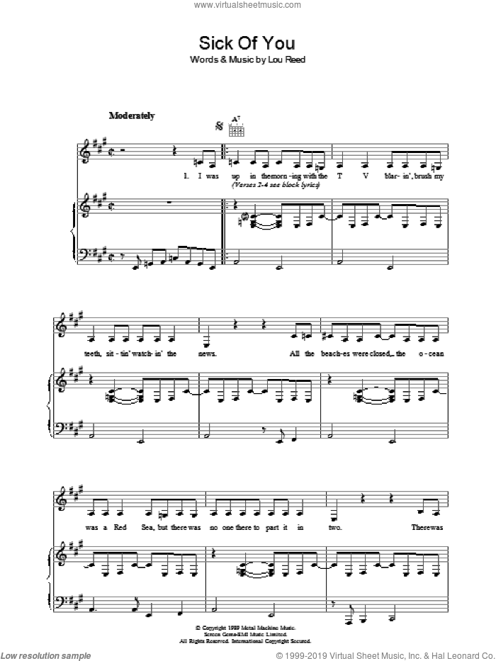 Sick Of You sheet music for voice, piano or guitar by Lou Reed, intermediate skill level