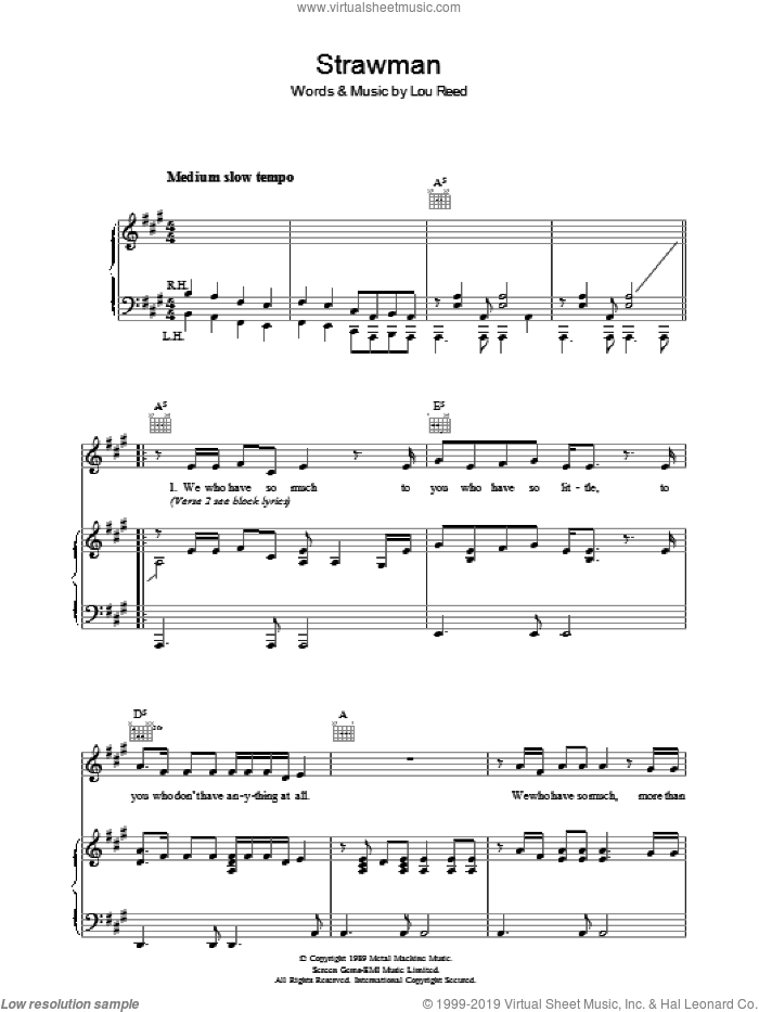 Strawman sheet music for voice, piano or guitar by Lou Reed, intermediate skill level