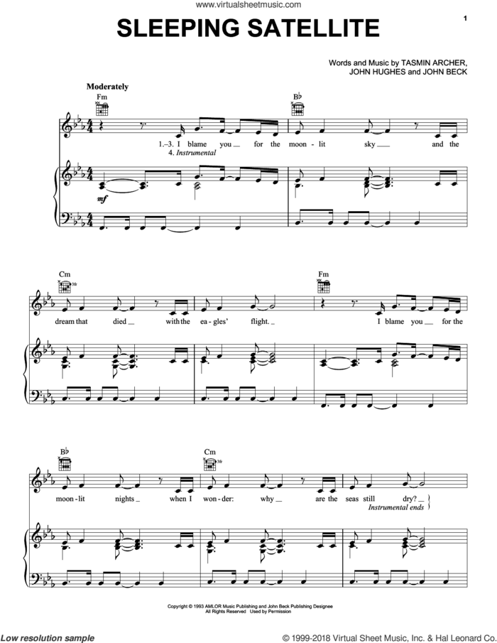 Sleeping Satellite sheet music for voice, piano or guitar by Tasmin Archer, John Beck and John Hughes, intermediate skill level