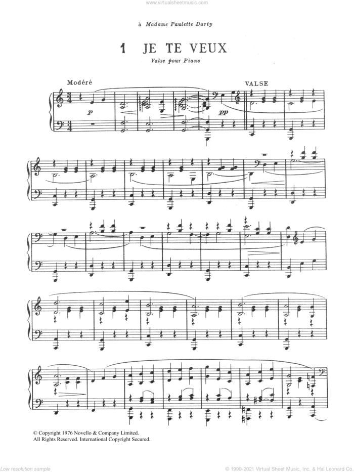 Je Te Veux sheet music for piano solo by Erik Satie, classical score, intermediate skill level
