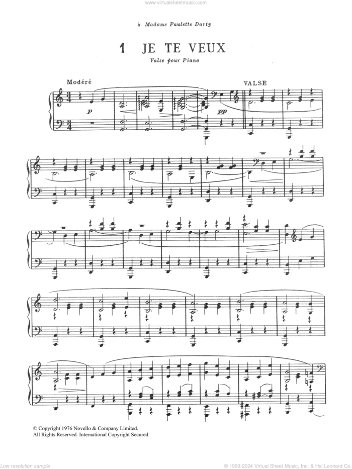 Je Te Veux sheet music for piano solo by Erik Satie, classical score, intermediate skill level