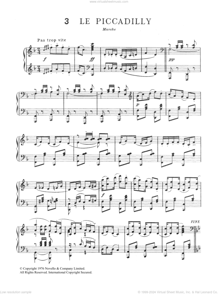 Le Piccadilly sheet music for piano solo by Erik Satie, classical score, intermediate skill level