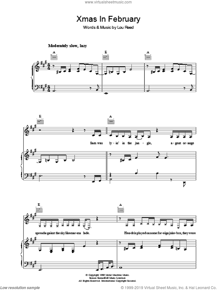 Xmas In February sheet music for voice, piano or guitar by Lou Reed, intermediate skill level