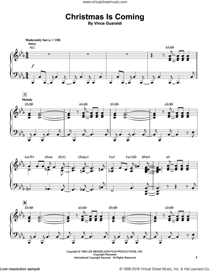 Christmas Is Coming sheet music for piano solo (transcription) by Vince Guaraldi, intermediate piano (transcription)