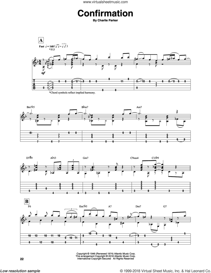 Confirmation sheet music for guitar solo by Charlie Parker and Sean McGowan, intermediate skill level