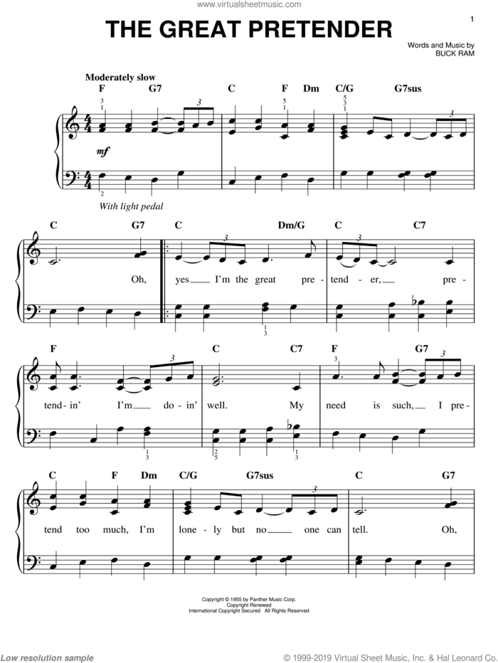 The Great Pretender, (easy) sheet music for piano solo by The Platters and Buck Ram, easy skill level