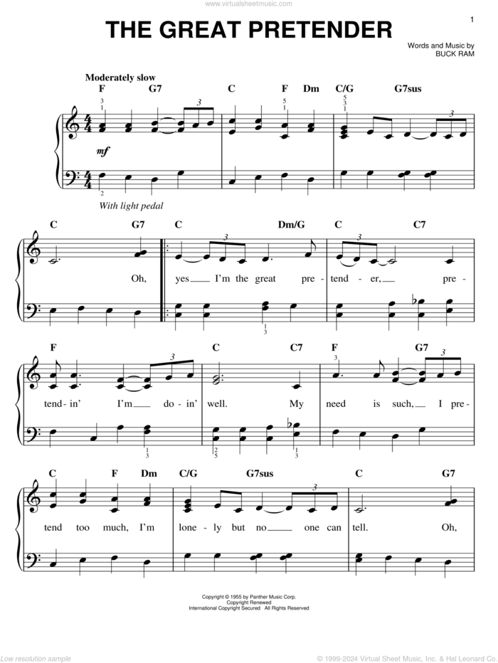 The Great Pretender, (easy) sheet music for piano solo by The Platters and Buck Ram, easy skill level