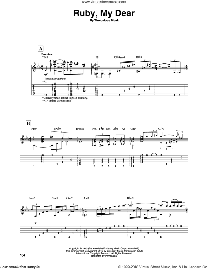 Ruby, My Dear sheet music for guitar solo by Thelonious Monk and Sean McGowan, intermediate skill level