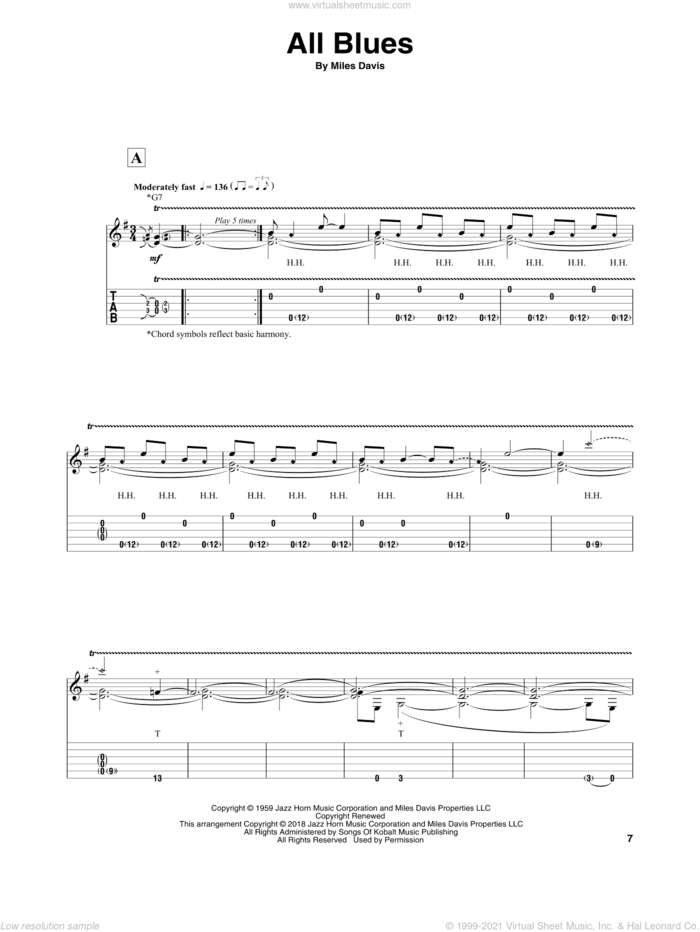 All Blues sheet music for guitar solo by Miles Davis, Sean McGowan and John Coltrane, intermediate skill level