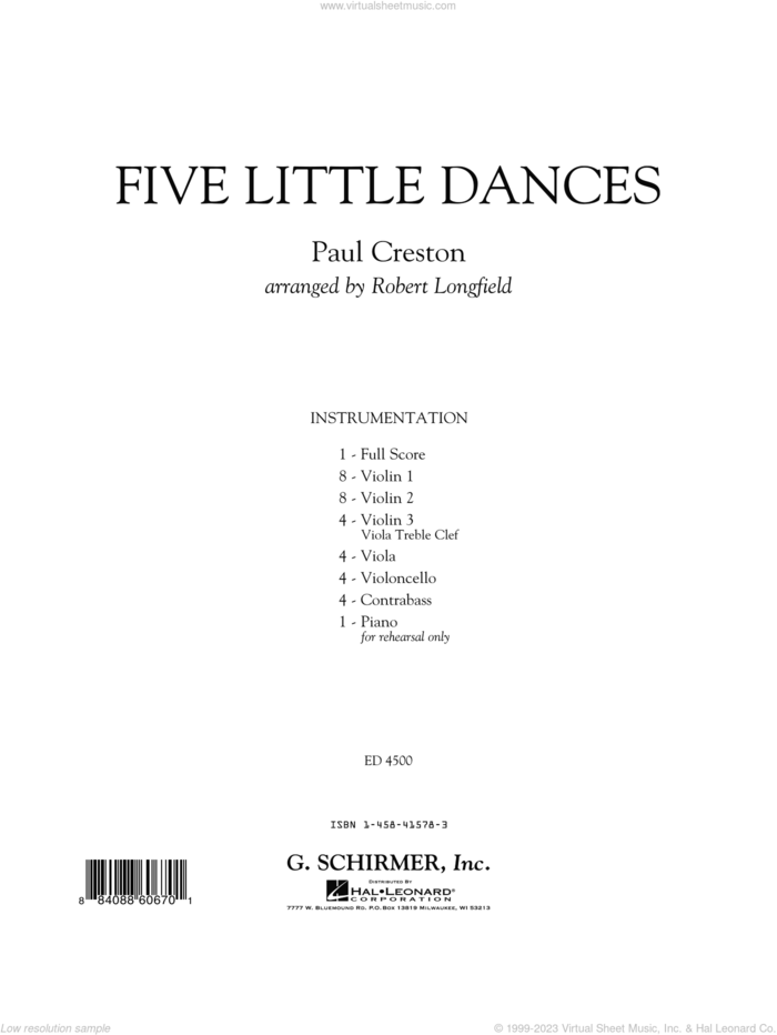 Five Little Dances (arr. Paul Longfield) sheet music for orchestra (full score) by Paul Creston and Robert Longfield, classical score, intermediate skill level