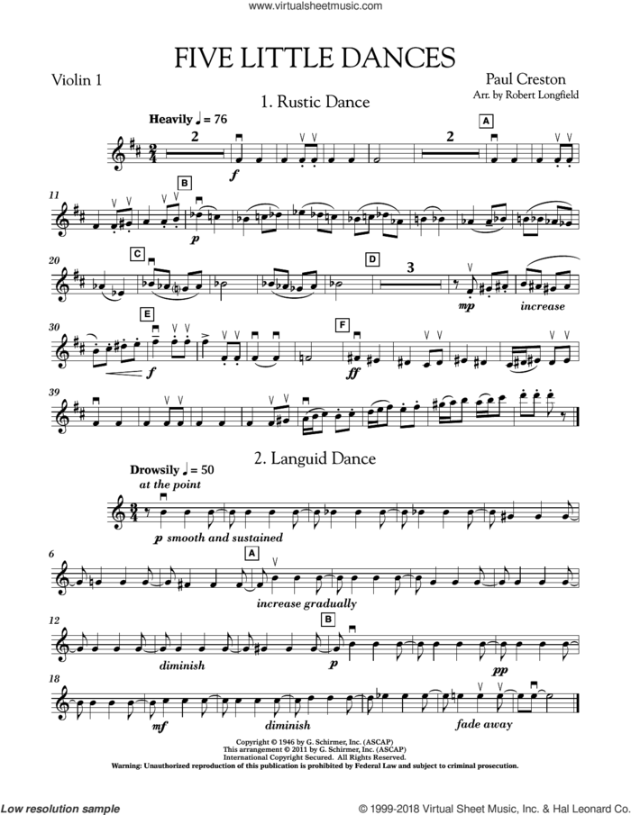Five Little Dances (arr. Paul Longfield) sheet music for orchestra (violin 1) by Paul Creston and Robert Longfield, classical score, intermediate skill level
