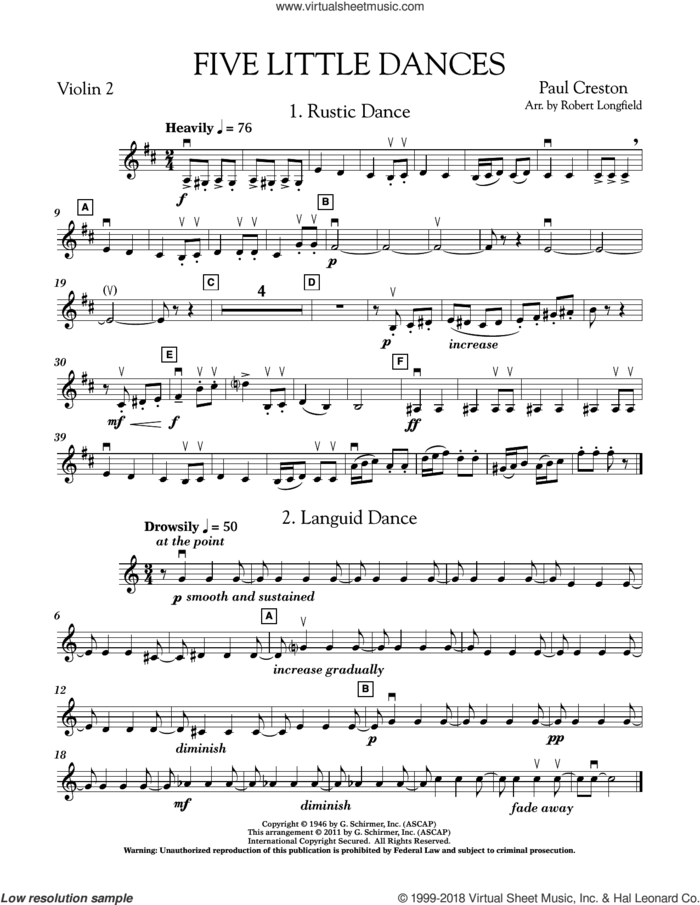 Five Little Dances (arr. Paul Longfield) sheet music for orchestra (violin 2) by Paul Creston and Robert Longfield, classical score, intermediate skill level