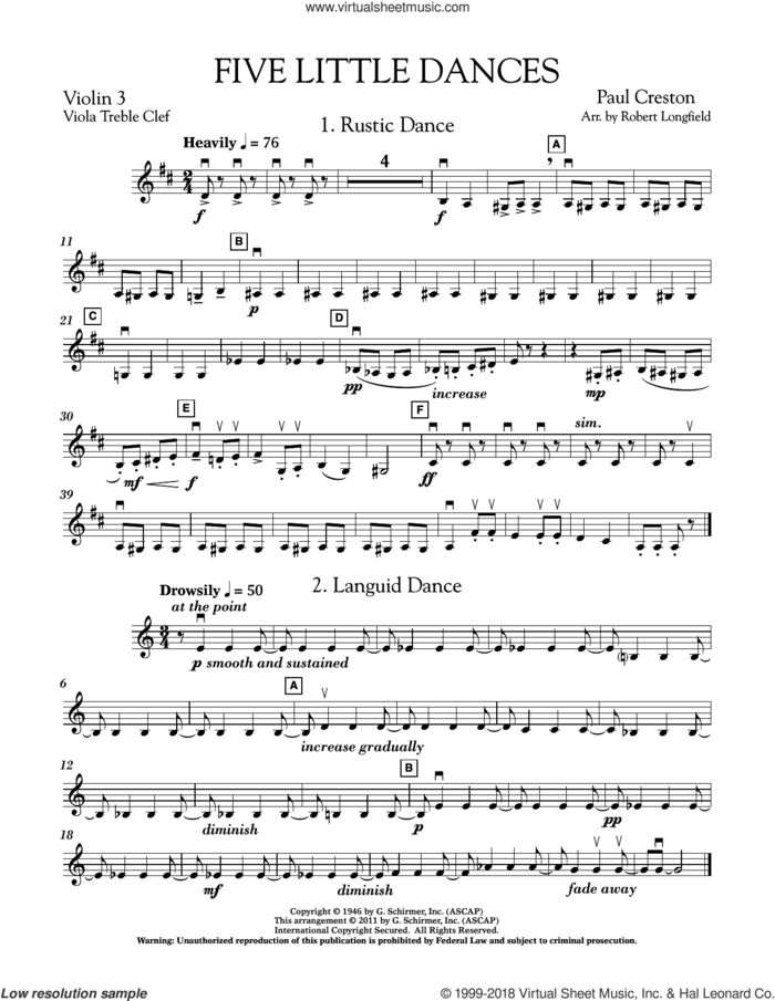 Five Little Dances (arr. Paul Longfield) sheet music for orchestra (violin 3, viola treble clef) by Paul Creston and Robert Longfield, classical score, intermediate skill level