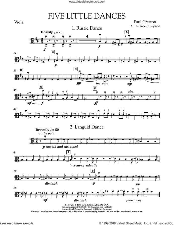 Five Little Dances (arr. Paul Longfield) sheet music for orchestra (viola) by Paul Creston and Robert Longfield, classical score, intermediate skill level