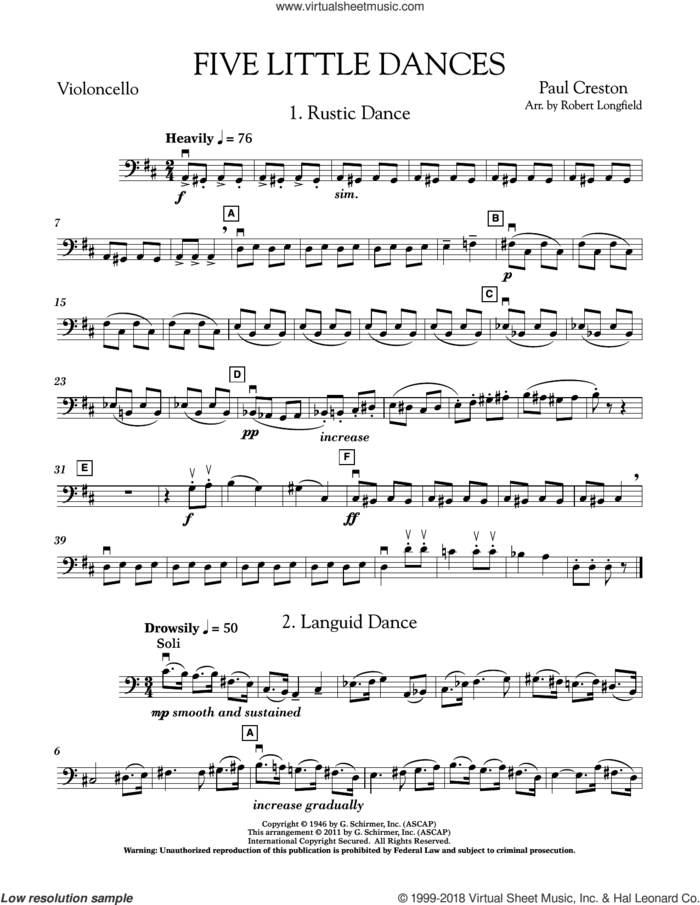 Five Little Dances (arr. Paul Longfield) sheet music for orchestra (cello) by Paul Creston and Robert Longfield, classical score, intermediate skill level
