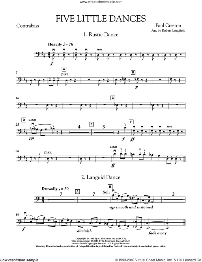 Five Little Dances (arr. Paul Longfield) sheet music for orchestra (bass) by Paul Creston and Robert Longfield, classical score, intermediate skill level