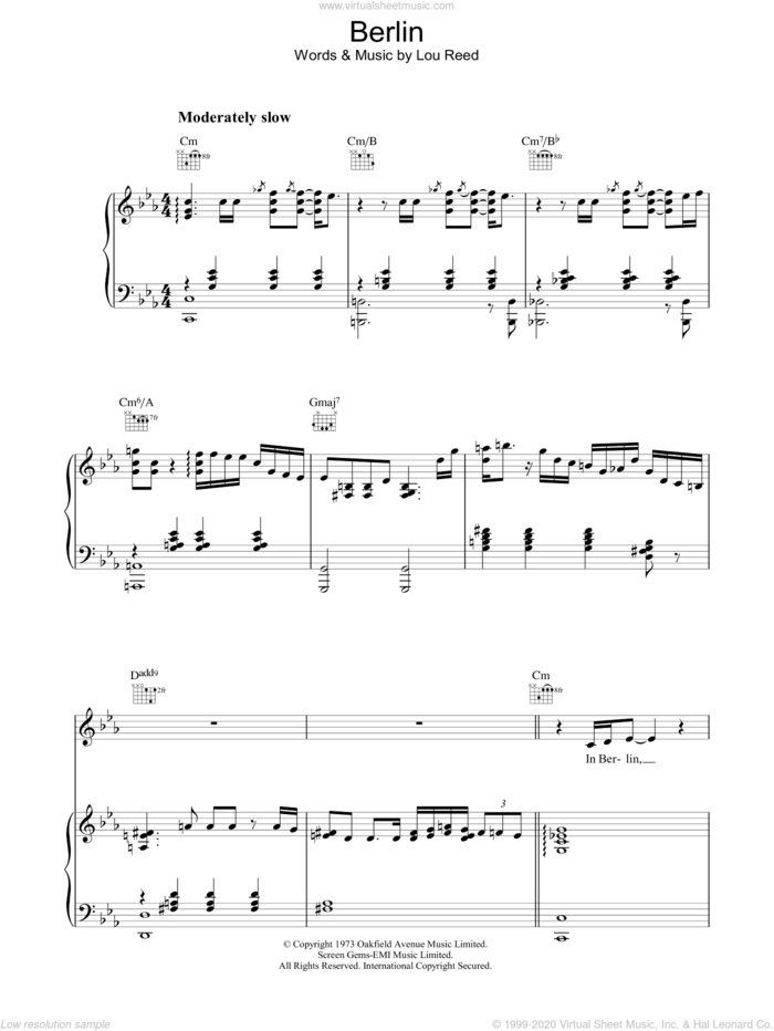 Berlin sheet music for voice, piano or guitar by Lou Reed, intermediate skill level
