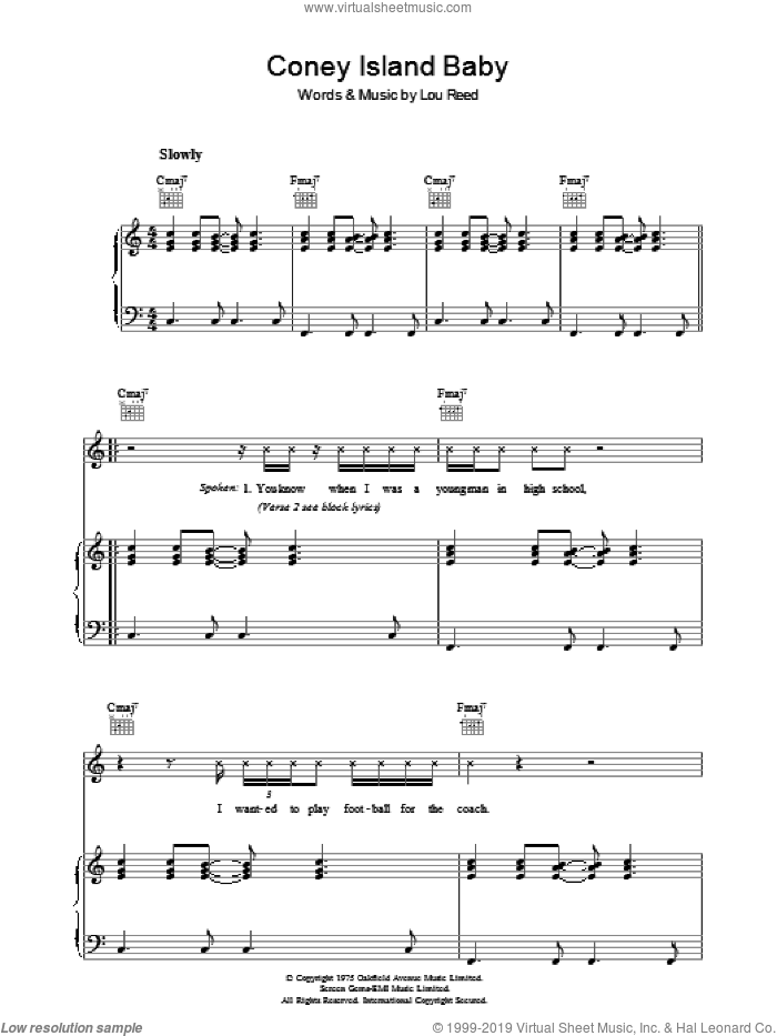 Coney Island Baby sheet music for voice, piano or guitar by Lou Reed, intermediate skill level