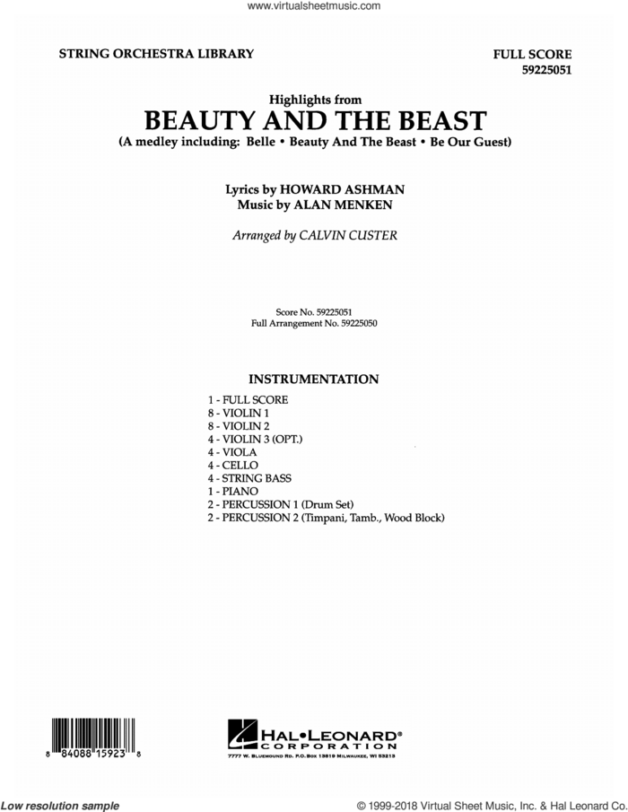 Beauty and the Beast Highlights (arr. Calvin Custer) (COMPLETE) sheet music for orchestra by Alan Menken, Calvin Custer and Howard Ashman, intermediate skill level