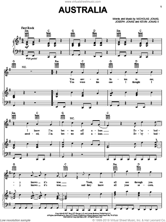 Australia sheet music for voice, piano or guitar by Jonas Brothers, Joseph Jonas, Kevin Jonas II and Nicholas Jonas, intermediate skill level