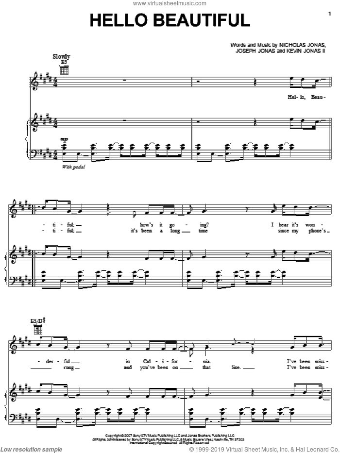 Hello Beautiful sheet music for voice, piano or guitar by Jonas Brothers, Joseph Jonas, Kevin Jonas II and Nicholas Jonas, intermediate skill level