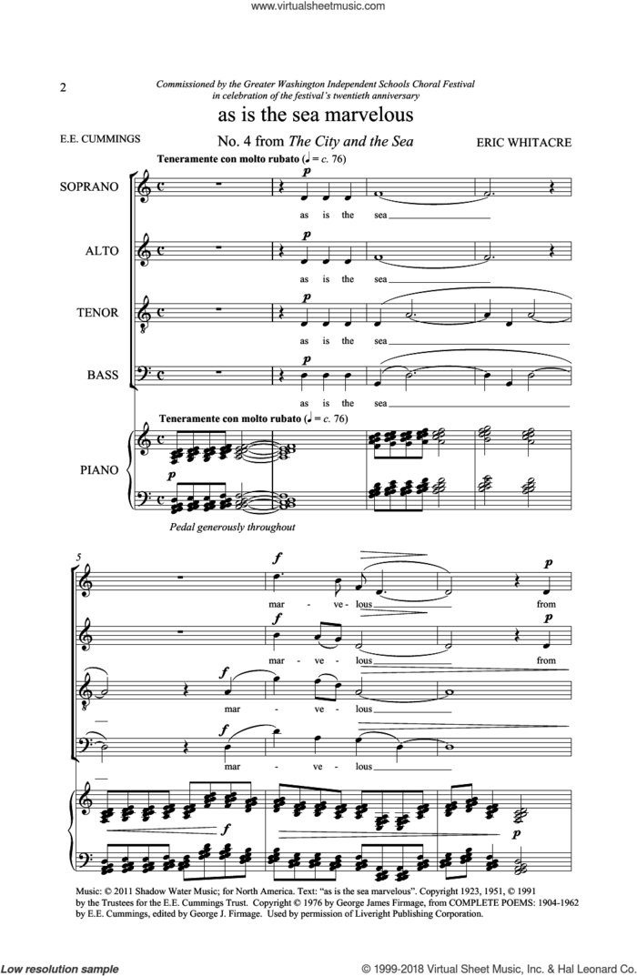 As Is The Sea Marvelous (From 'The City And The Sea') sheet music for choir (SATB: soprano, alto, tenor, bass) by Eric Whitacre and E.E. Cummings, intermediate skill level