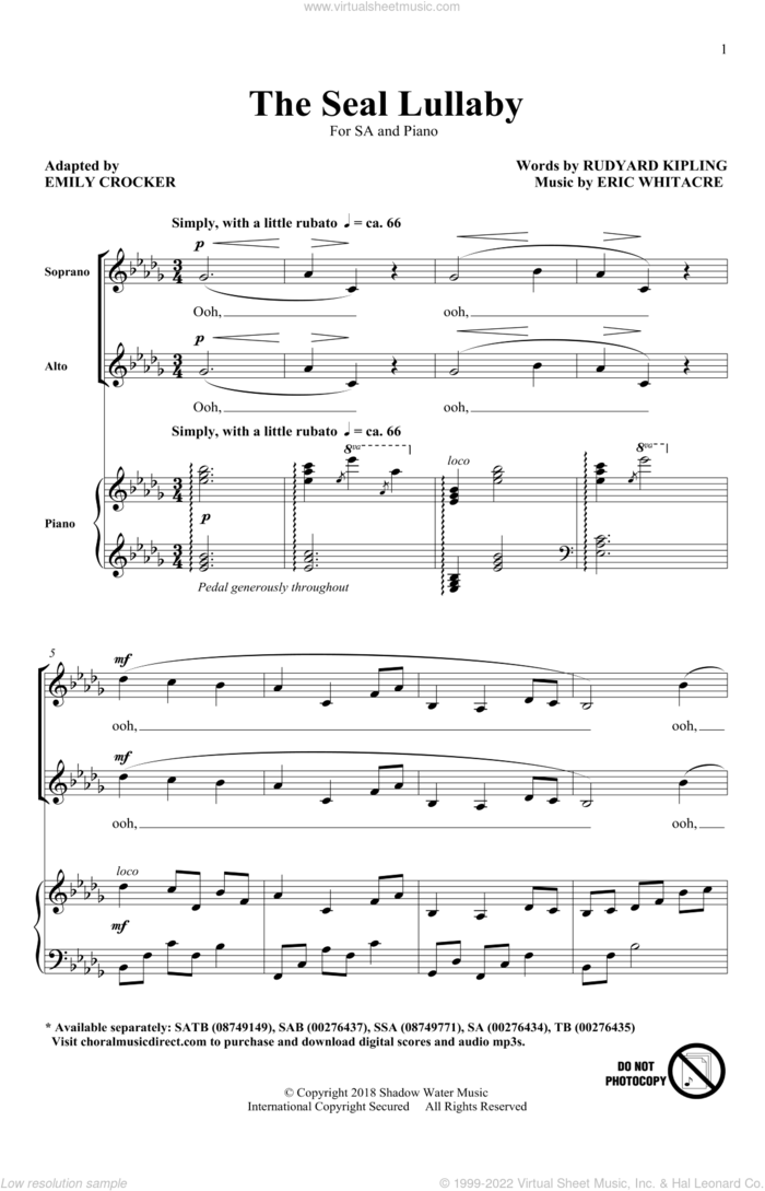 The Seal Lullaby (arr. Emily Crocker) sheet music for choir (2-Part) by Eric Whitacre, Emily Crocker and Rudyard Kipling, intermediate duet