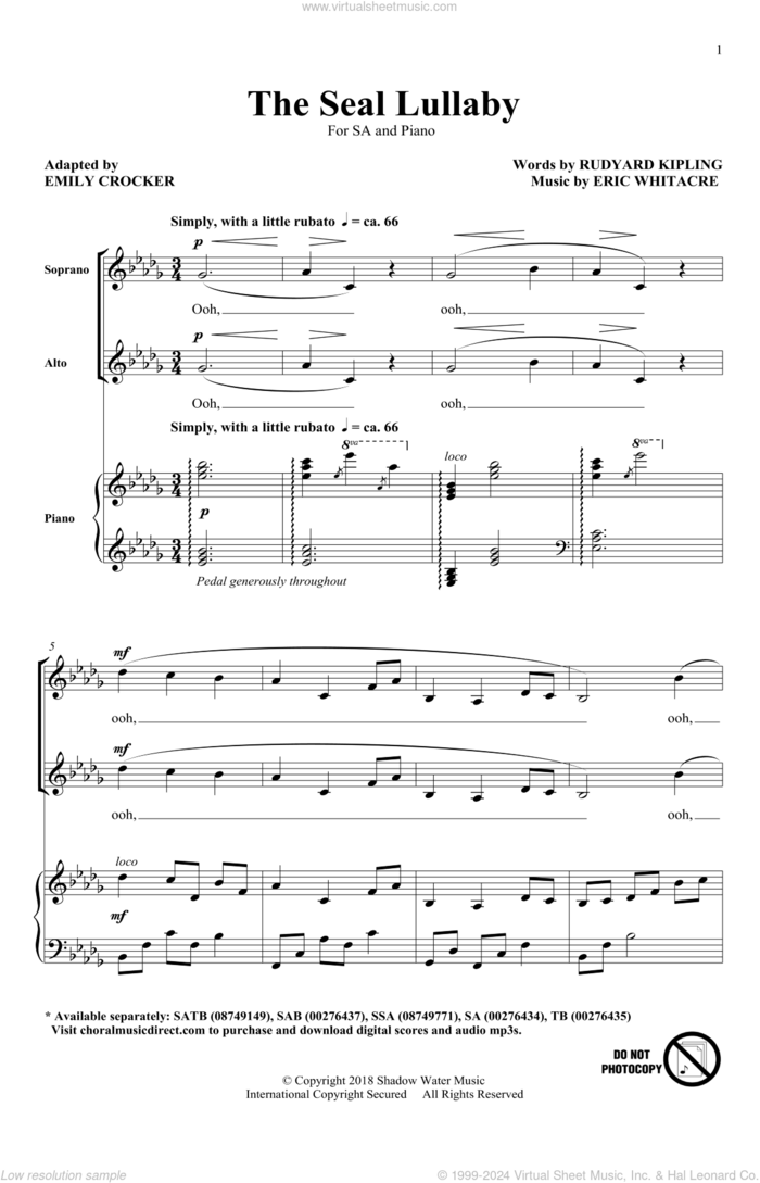 The Seal Lullaby (arr. Emily Crocker) sheet music for choir (2-Part) by Eric Whitacre, Emily Crocker and Rudyard Kipling, intermediate duet