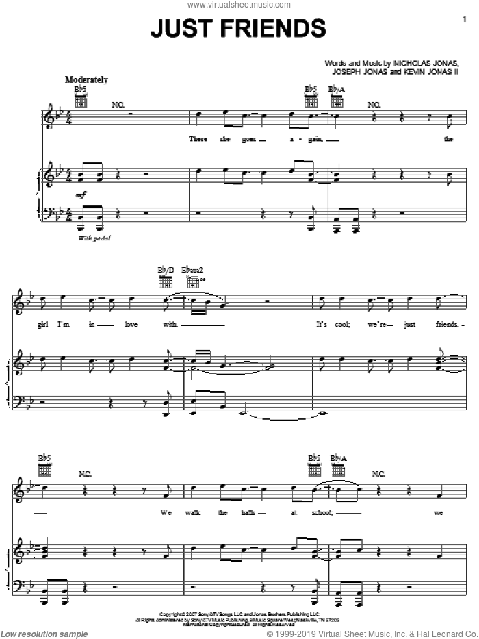 Just Friends sheet music for voice, piano or guitar by Jonas Brothers, Joseph Jonas, Kevin Jonas II and Nicholas Jonas, intermediate skill level