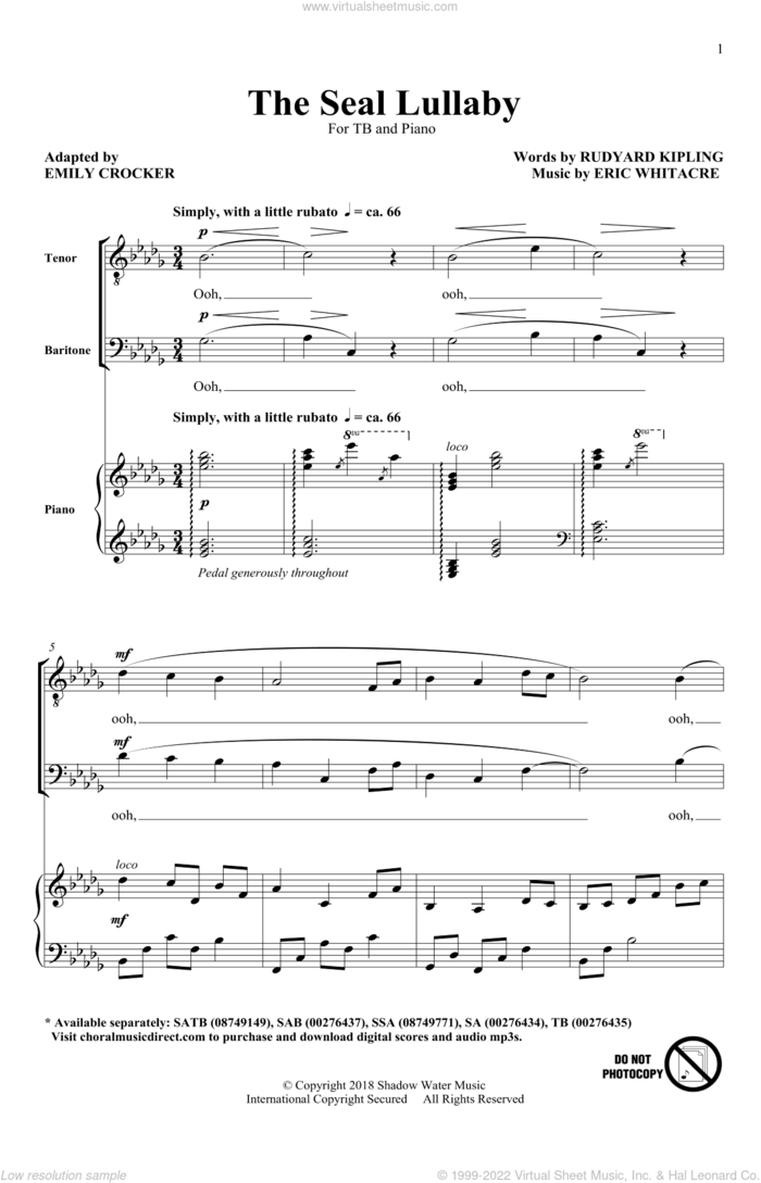 The Seal Lullaby (arr. Emily Crocker) sheet music for choir (TB: tenor, bass) by Eric Whitacre, Emily Crocker and Rudyard Kipling, intermediate skill level