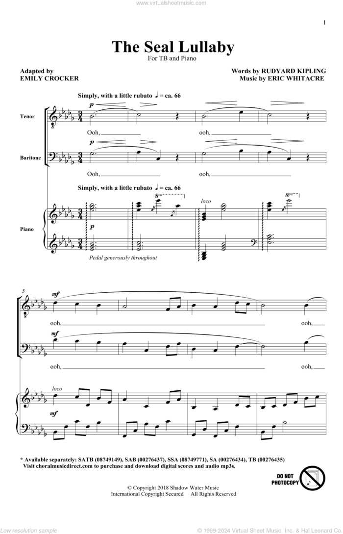 The Seal Lullaby (arr. Emily Crocker) sheet music for choir (TB: tenor, bass) by Eric Whitacre, Emily Crocker and Rudyard Kipling, intermediate skill level