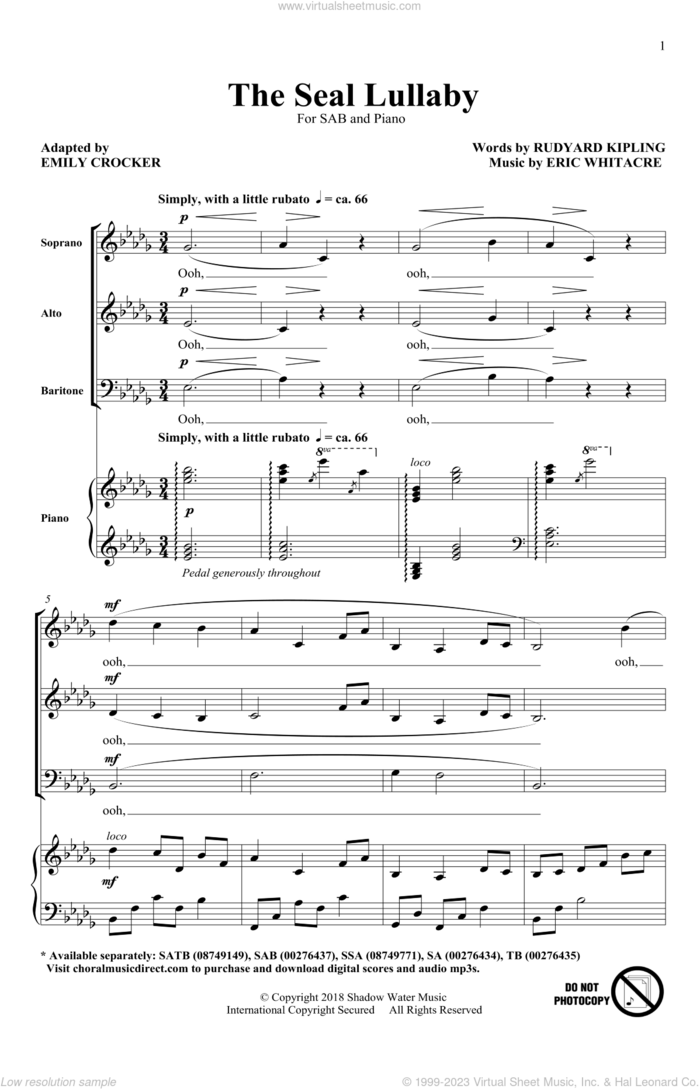 The Seal Lullaby (arr. Emily Crocker) sheet music for choir (SAB: soprano, alto, bass) by Eric Whitacre, Emily Crocker and Rudyard Kipling, intermediate skill level