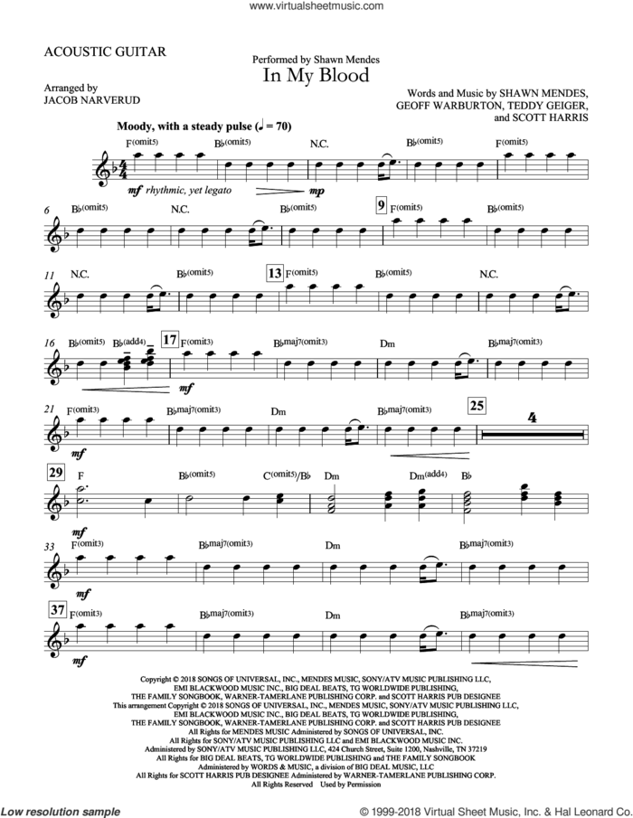 In My Blood (arr. Jacob Narverud) sheet music for orchestra/band (acoustic guitar) by Shawn Mendes, Jacob Narverud, Geoff Warburton, Scott Harris and Teddy Geiger, intermediate skill level