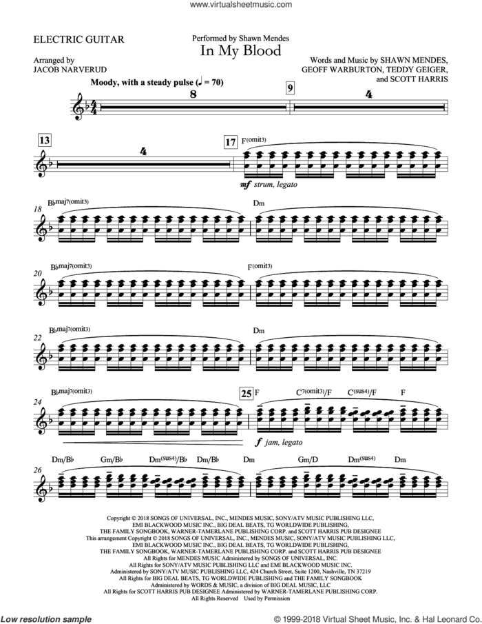 In My Blood (arr. Jacob Narverud) sheet music for orchestra/band (electric guitar) by Shawn Mendes, Jacob Narverud, Geoff Warburton, Scott Harris and Teddy Geiger, intermediate skill level