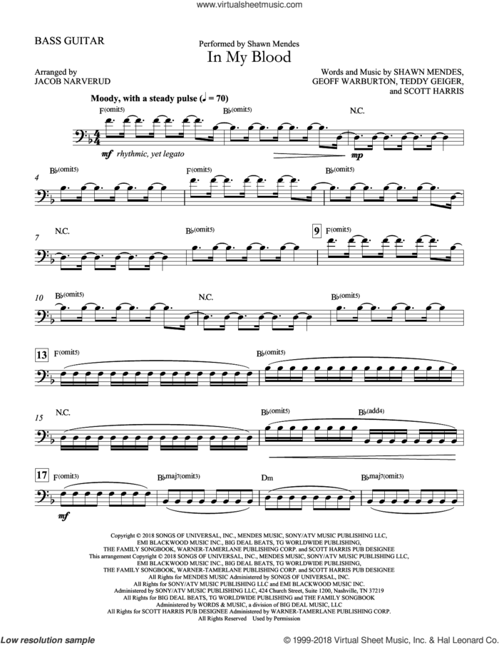 In My Blood (arr. Jacob Narverud) sheet music for orchestra/band (bass) by Shawn Mendes, Jacob Narverud, Geoff Warburton, Scott Harris and Teddy Geiger, intermediate skill level