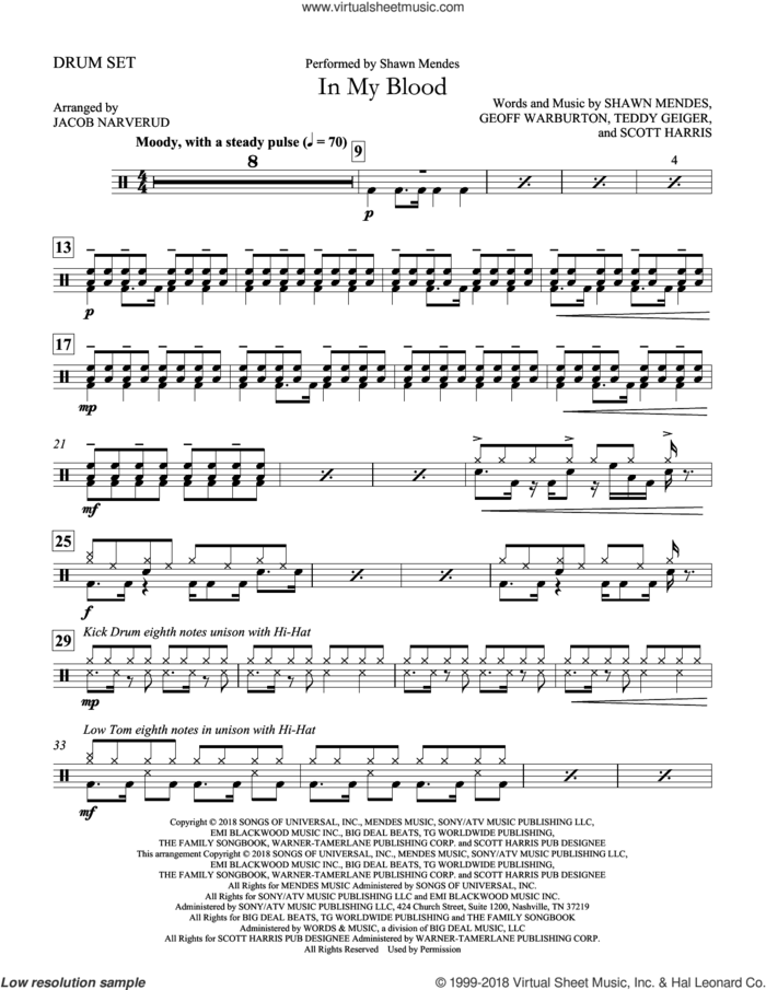 In My Blood (arr. Jacob Narverud) sheet music for orchestra/band (drums) by Shawn Mendes, Jacob Narverud, Geoff Warburton, Scott Harris and Teddy Geiger, intermediate skill level