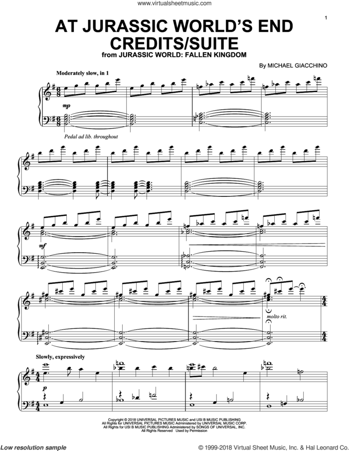 At Jurassic World's End Credits/Suite (from Jurassic World: Fallen Kingdom) sheet music for piano solo by John Williams and Michael Giacchino, classical score, intermediate skill level