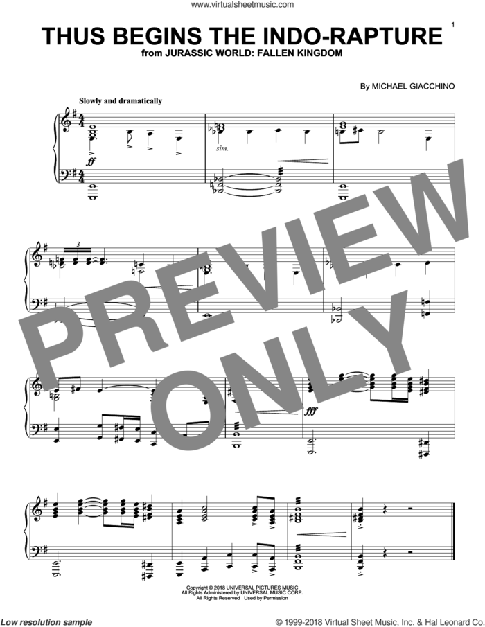 Thus Begins The Indo-Rapture (from Jurassic World: Fallen Kingdom) sheet music for piano solo by John Williams and Michael Giacchino, classical score, intermediate skill level