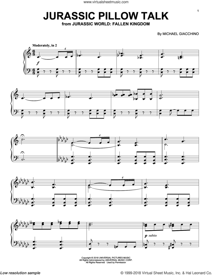 Jurassic Pillow Talk (from Jurassic World: Fallen Kingdom) sheet music for piano solo by John Williams and Michael Giacchino, classical score, intermediate skill level