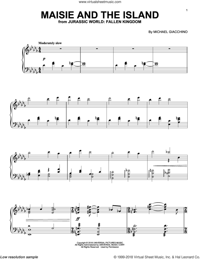 Maisie And The Island (from Jurassic World: Fallen Kingdom) sheet music for piano solo by John Williams and Michael Giacchino, classical score, intermediate skill level
