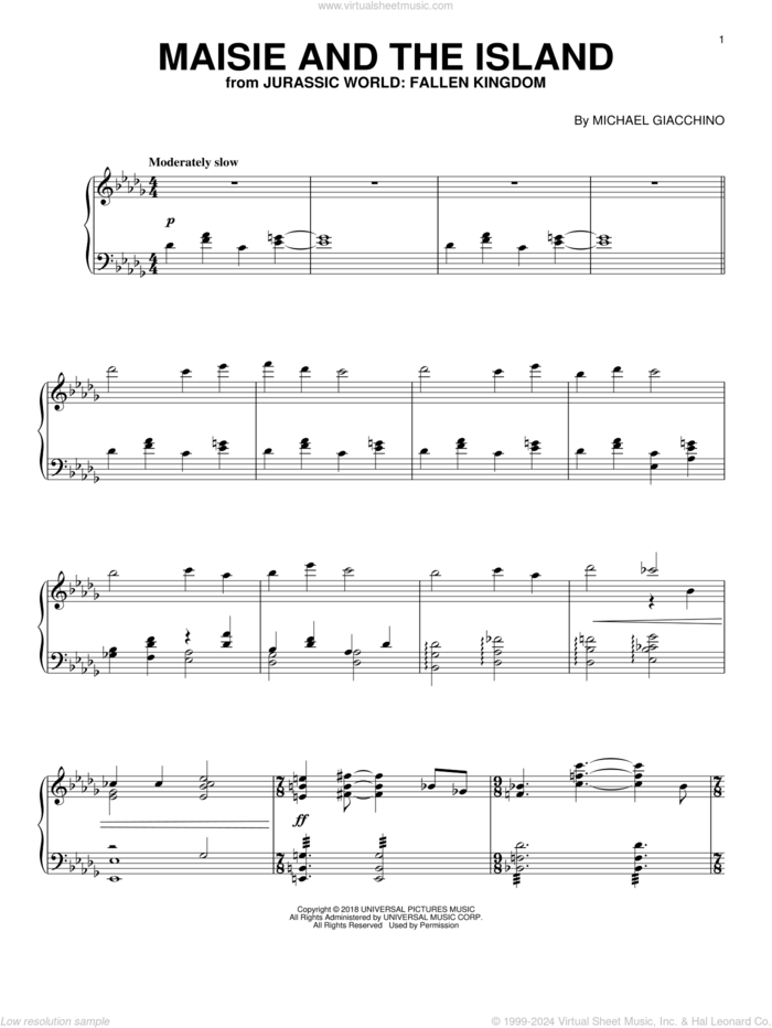 Maisie And The Island (from Jurassic World: Fallen Kingdom) sheet music for piano solo by John Williams and Michael Giacchino, classical score, intermediate skill level