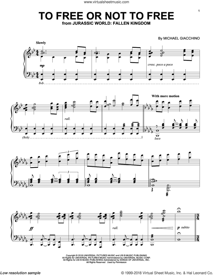 To Free Or Not To Free (from Jurassic World: Fallen Kingdom) sheet music for piano solo by John Williams and Michael Giacchino, classical score, intermediate skill level