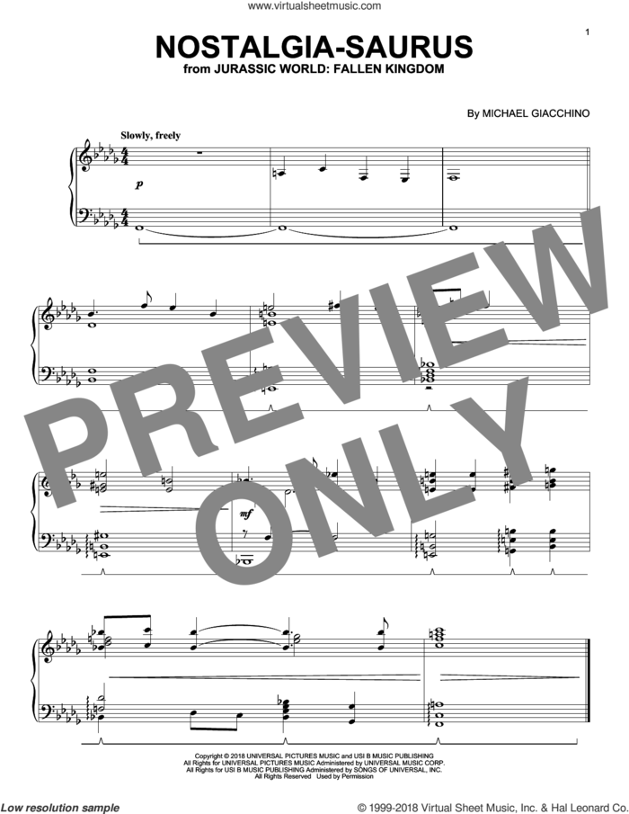 Nostalgia-Saurus (from Jurassic World: Fallen Kingdom) sheet music for piano solo by John Williams and Michael Giacchino, classical score, intermediate skill level