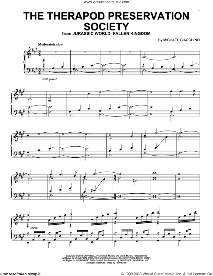The Theropod Preservation Society (from Jurassic World: Fallen Kingdom) sheet music for piano solo by John Williams and Michael Giacchino, classical score, intermediate skill level