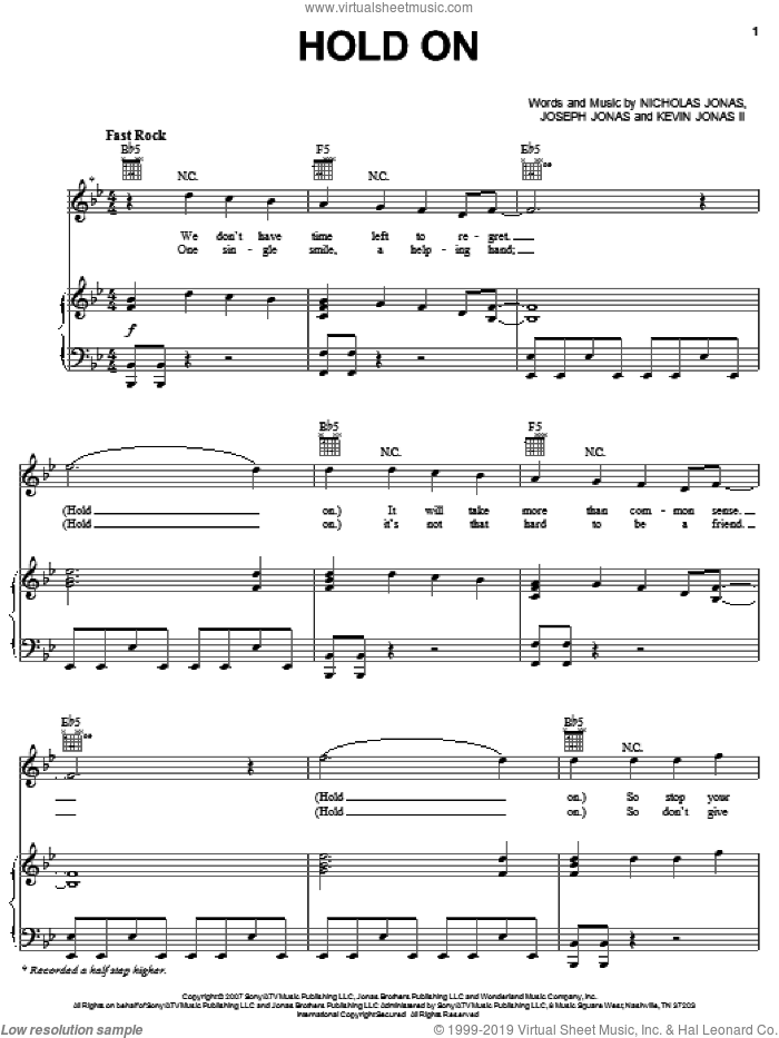 Hold On sheet music for voice, piano or guitar by Jonas Brothers, Joseph Jonas, Kevin Jonas II and Nicholas Jonas, intermediate skill level