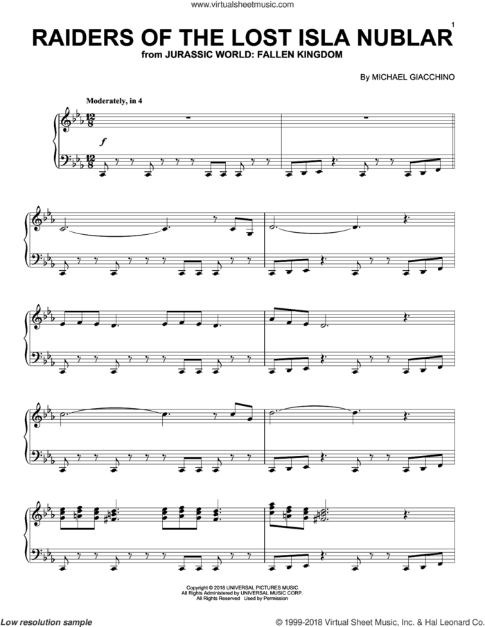 Raiders Of The Lost Isla Nublar (from Jurassic World: Fallen Kingdom) sheet music for piano solo by John Williams and Michael Giacchino, classical score, intermediate skill level