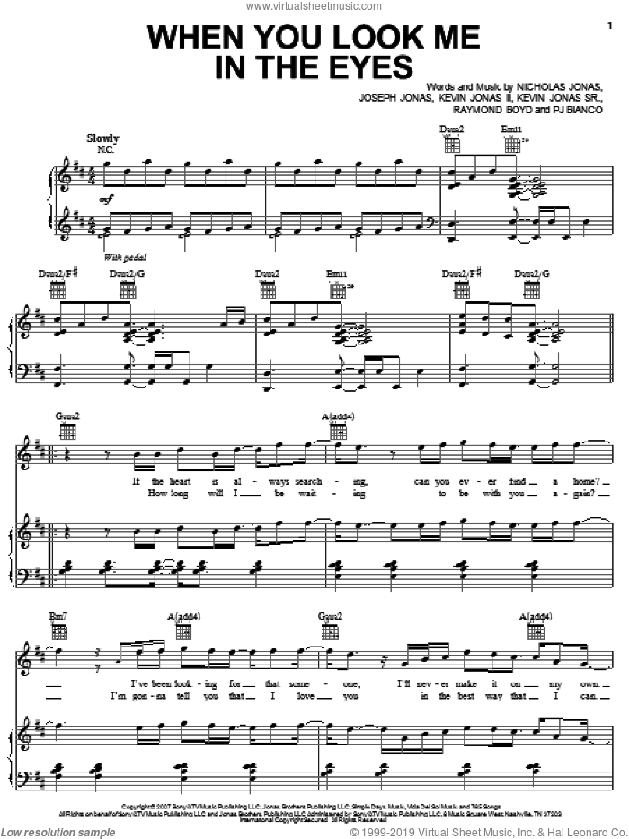 When You Look Me In The Eyes sheet music for voice, piano or guitar by Jonas Brothers, Joseph Jonas, Kevin Jonas II, Kevin Jonas Sr., Nicholas Jonas, PJ Bianco and Raymond Boyd, intermediate skill level