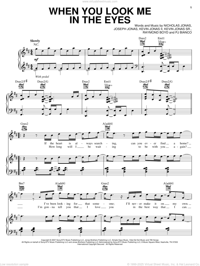 When You Look Me In The Eyes sheet music for voice, piano or guitar by Jonas Brothers, Joseph Jonas, Kevin Jonas II, Kevin Jonas Sr., Nicholas Jonas, PJ Bianco and Raymond Boyd, intermediate skill level