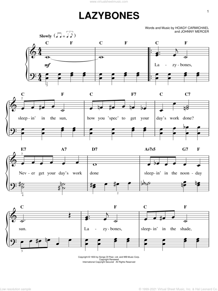 Lazybones sheet music for piano solo by Hoagy Carmichael and Johnny Mercer, easy skill level